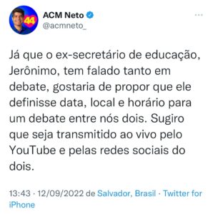 Read more about the article ACM Neto aceita desafio e diz para Jerônimo marcar data de debate entre os dois
